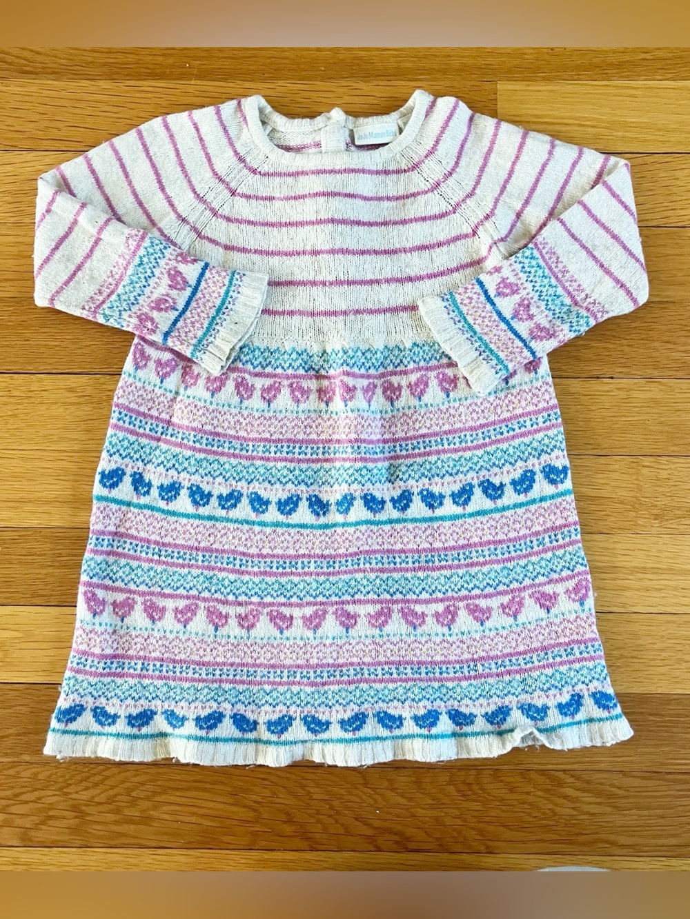 Jojo Maman Bebe Pink Blue Wool Cashmere Blend Knit Bird Sweater Dress 2-3